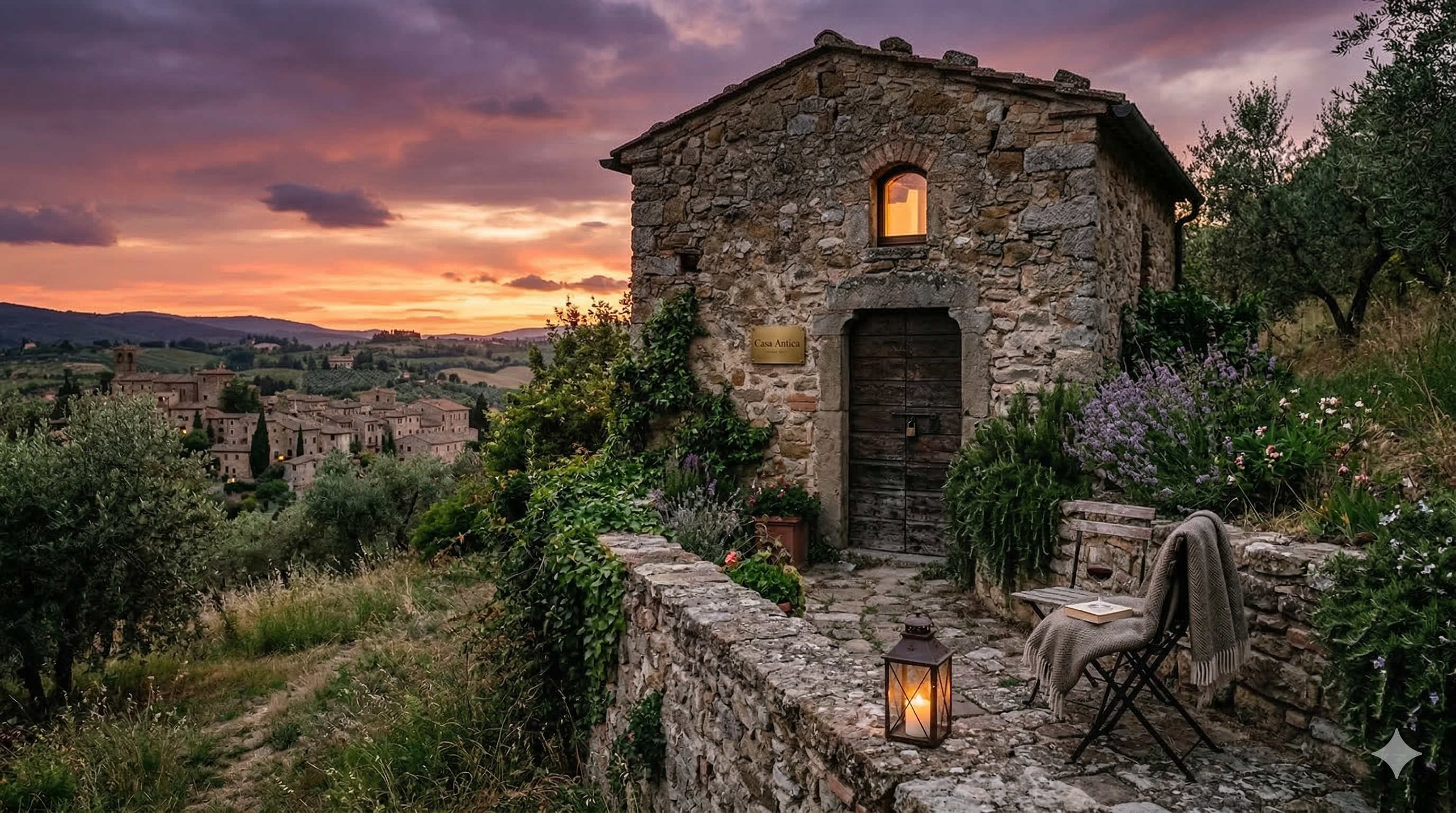 Casetta in sasso immersa nella natura al tramonto